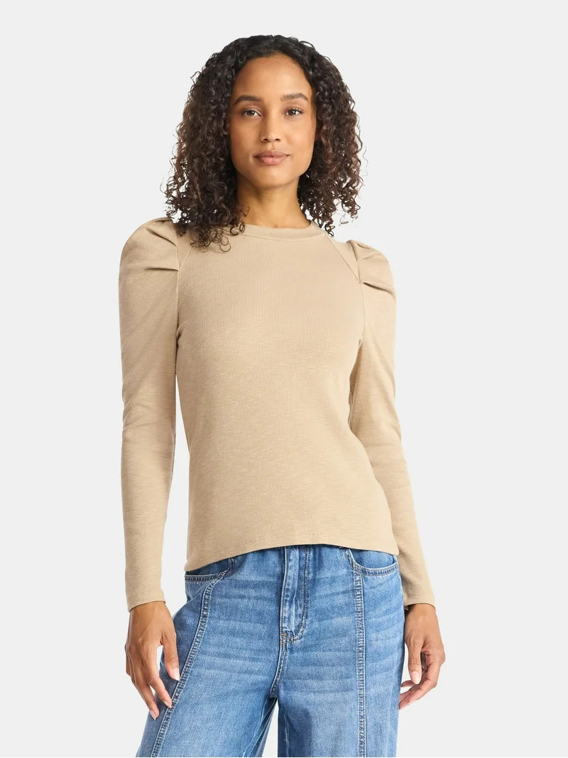 Time and Tru Women's Top with Long Puff Sleeves, Size XS-XXXL | Walmart (US)