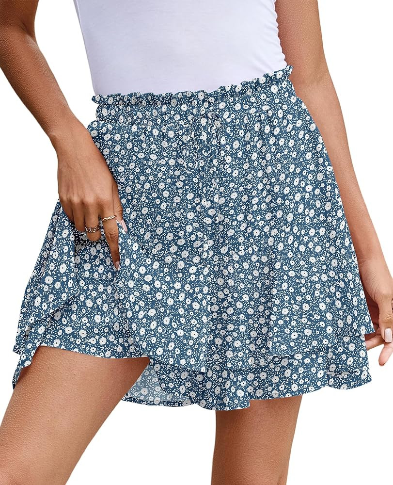 SimpleFun Womens Skorts Floral Ruffled Chiffon Flowy Shorts Summer Flared Mini Skirts | Amazon (US)