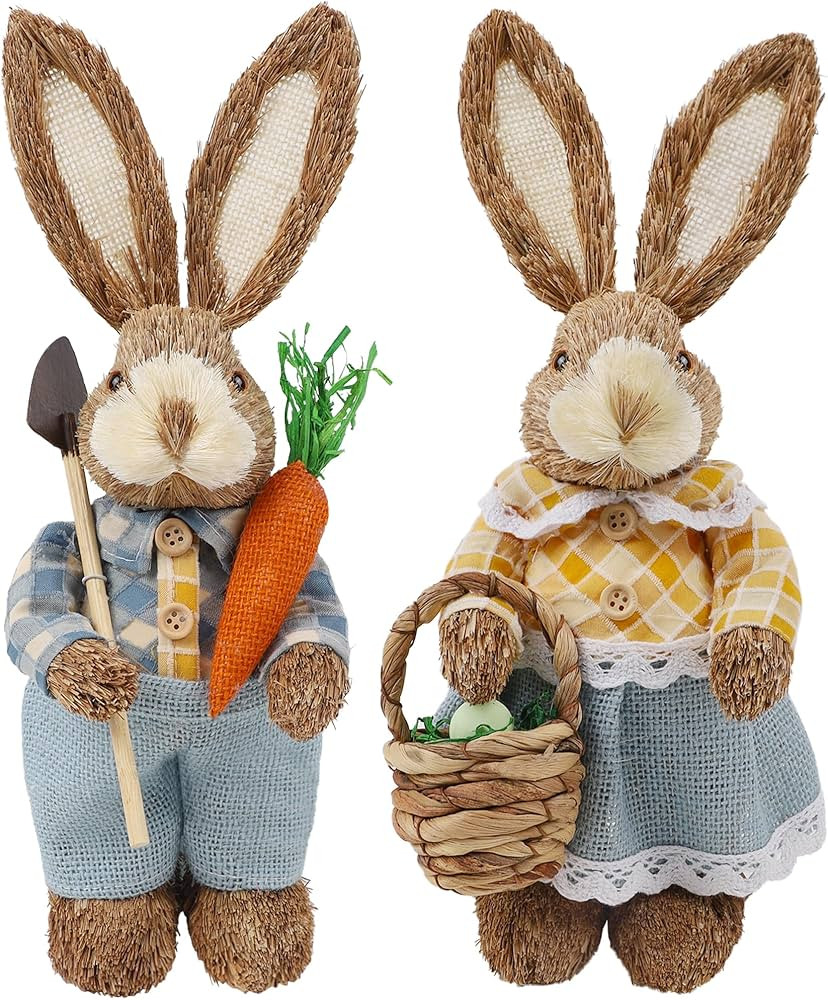 DR.DUDU Set of 2 Easter Decorations 13" Bunny Figurines Tabletop Spring Decor, Rustic Straw Bunny... | Amazon (US)