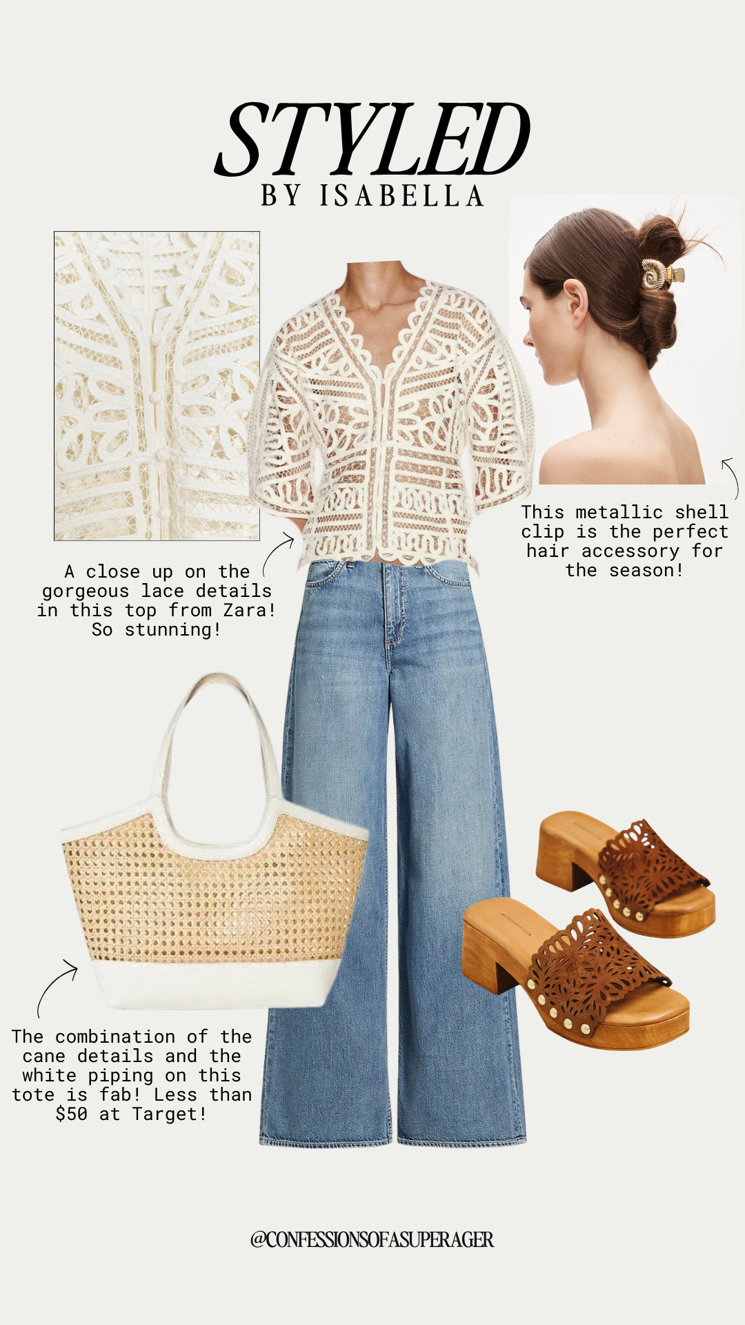 Effortless summer style starts with elevated basics 🤍 This gorgeous lace-detail top paired with wide-leg jeans creates the perfect chic casual outfit, while the woven tote, statement shell hair clip, and wooden slide sandals add that timeless coastal-inspired touch. Whether you're heading to brunch, shopping, vacation, or a casual dinner, this look is comfortable, polished, and endlessly wearable. Shop all my favorite finds now on LTK! ✨ #SummerStyle #CasualChic #WideLegJeans #LaceTop #CoastalStyle #CoastalGrandmother #VacationStyle #ResortWear #TargetStyle #ZaraStyle #NeutralFashion #EverydayOutfit #FashionOver40 #Over50Style #TimelessStyle #SummerOutfitIdeas #LTKStyle #LTKFinds #EffortlessFashion #ConfessionsOfASuperager

#LTKootd #LTKSeasonal #LTKSaleAlert
