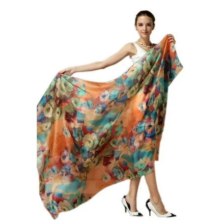 Women Fashion Silk Scarf Oblong Floral Oversize Soft Shawl Beach Wrap Colorful | Walmart (US)
