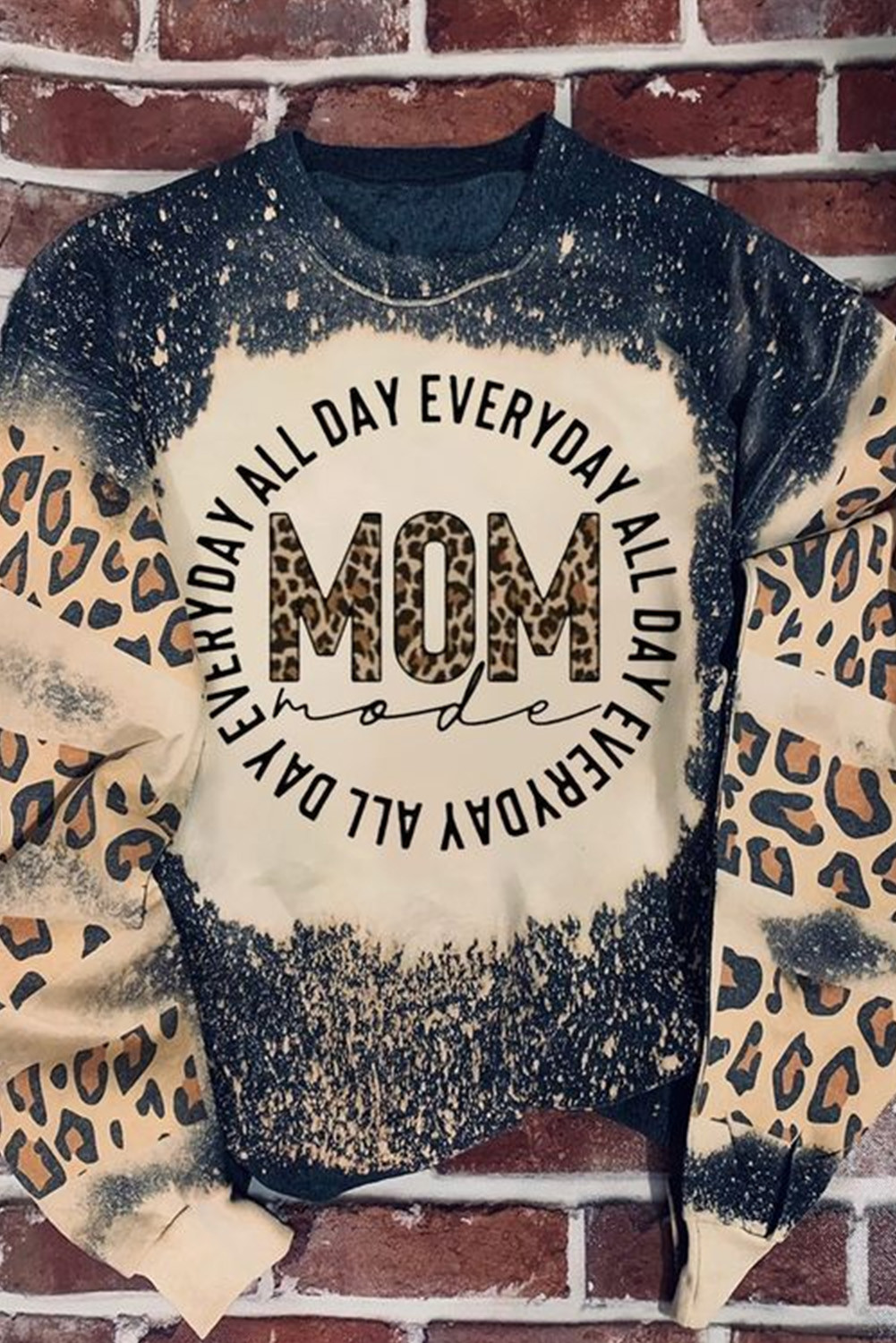 Black MOM Letter Leopard Print Bleached Casual Graphic Sweatshirt | Shewin