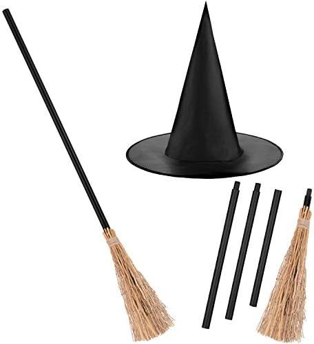 Halloween Witch Brooms Costume Witch Broomstick Plastic Broom Props with Halloween Witch Hat for Hal | Amazon (US)