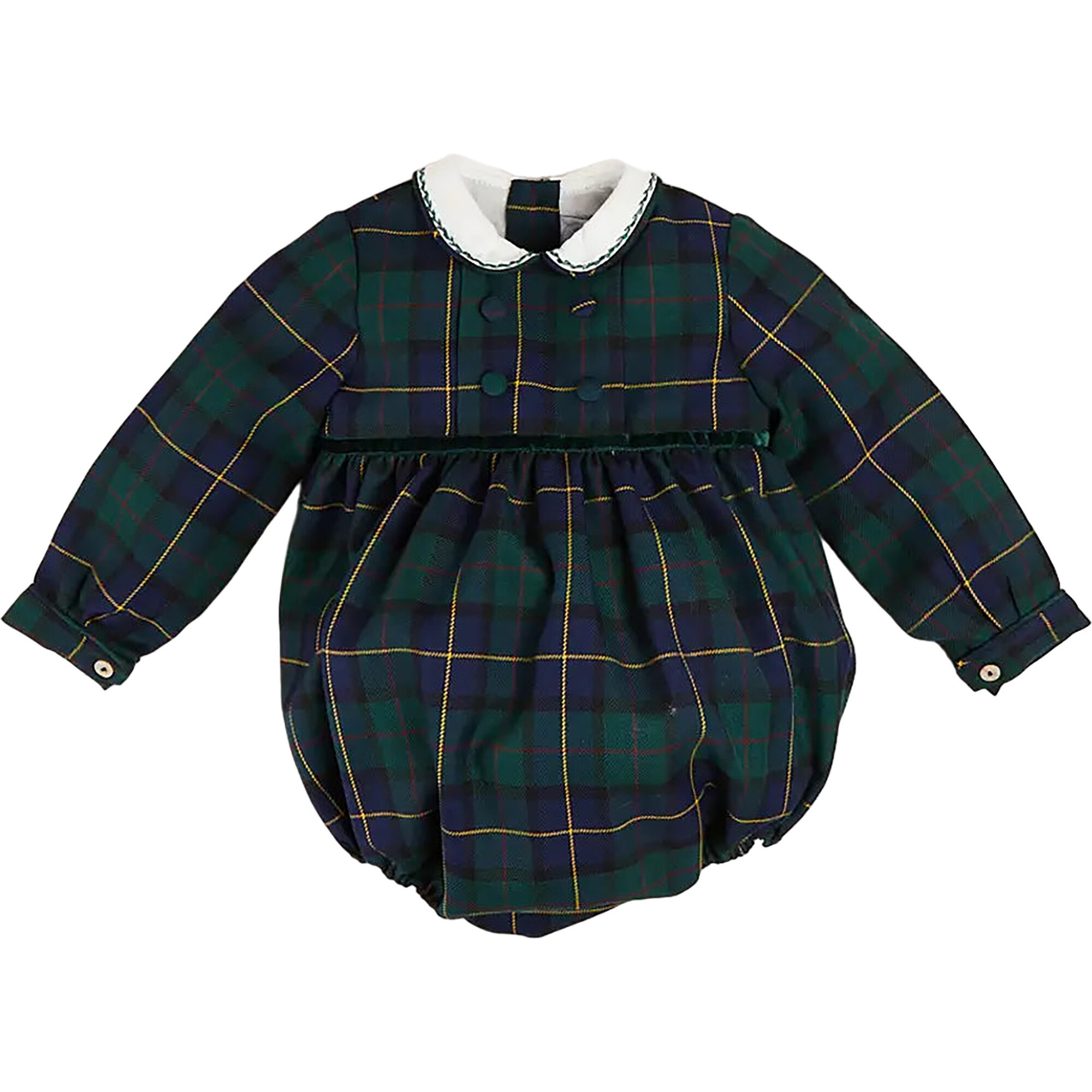 Windsor Tartan Print Long Sleeve Hand Smocked Romper, Green | Maisonette