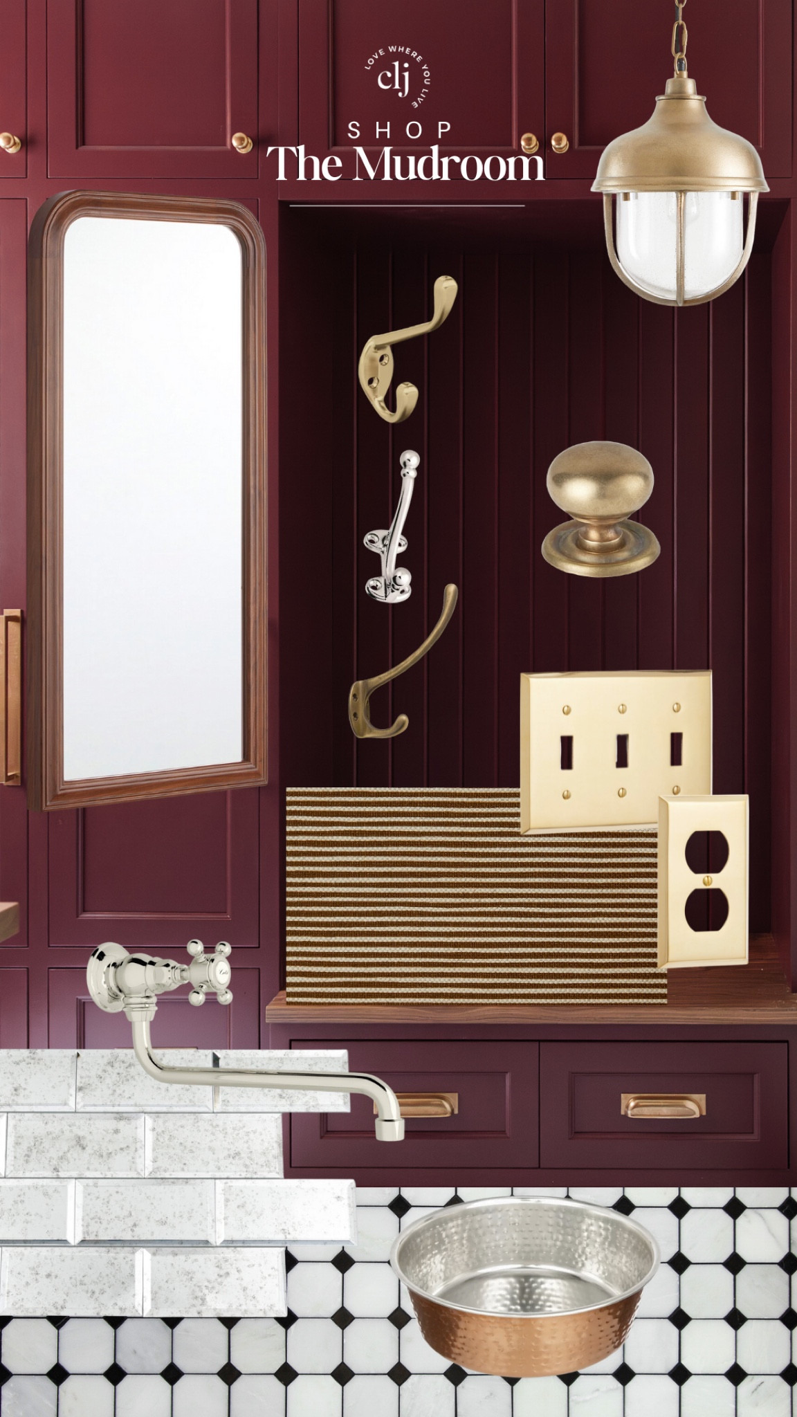 Shop the Room: The Mudroom 🖤

Wood mirror, brass outlet cover, brass knobs, cup pulls, striped grass cloth wallpaper, brass lantern pendant, pot filler, hammered copper dog bowl, black and white octagon tile, mirrored tile, decorative wall hooks

#LTKHome #LTKU