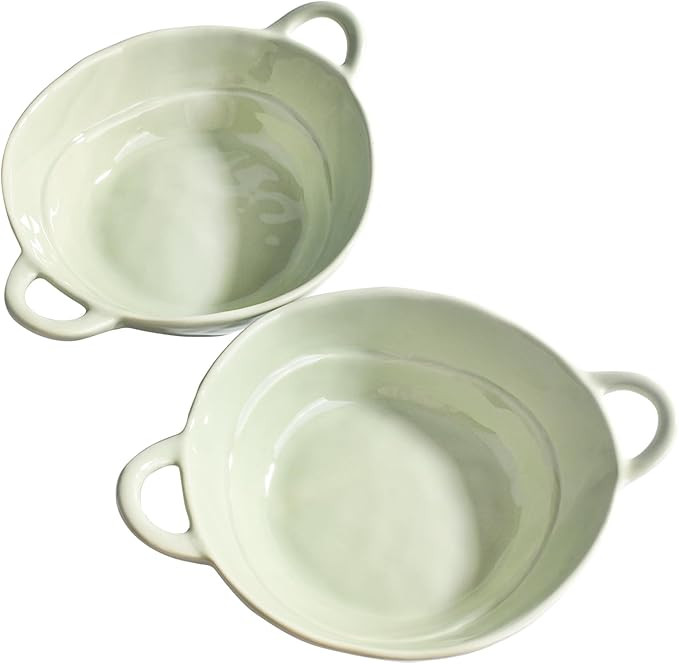 Ceramic Serving Bowl with Handles, 8.5 x 6.7 inches, Cream White, Set of 2 (Green) | Amazon (US)
