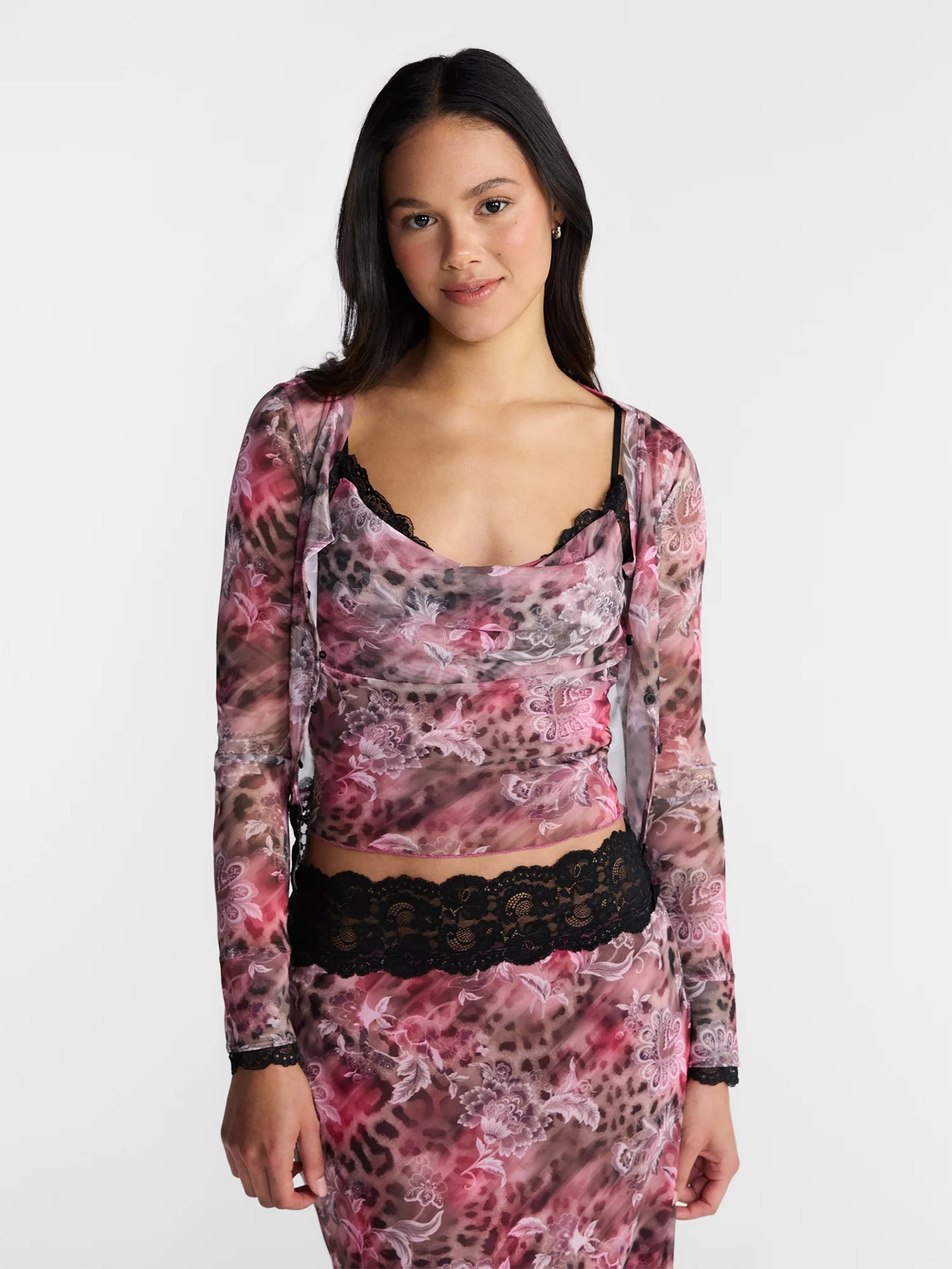 No Boundaries Cowl Neck Tank Top and Cardigan Set with Lace Trim, 2 Piece, Women\u2019s XXS-XXL | Walmart (US)