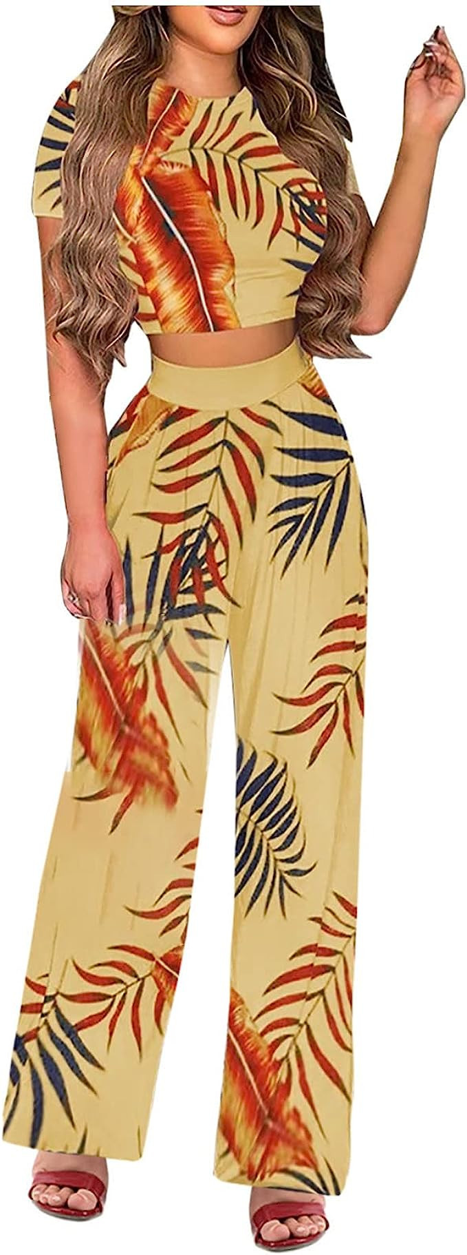 Two Piece Outfits for Women Outfit Sets Plus Size Summer Crop Tops with Wide Leg Pants Boho Beach... | Amazon (US)