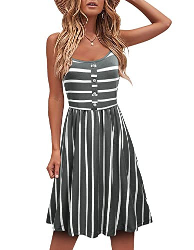 MOQIVGI Beach Dresses for Women Casual Summer Vacation Sundresses Fashion Dressy Sexy Elegant Spaghetti Strap Swing Striped Dress Grey XX-Large | Amazon (US)