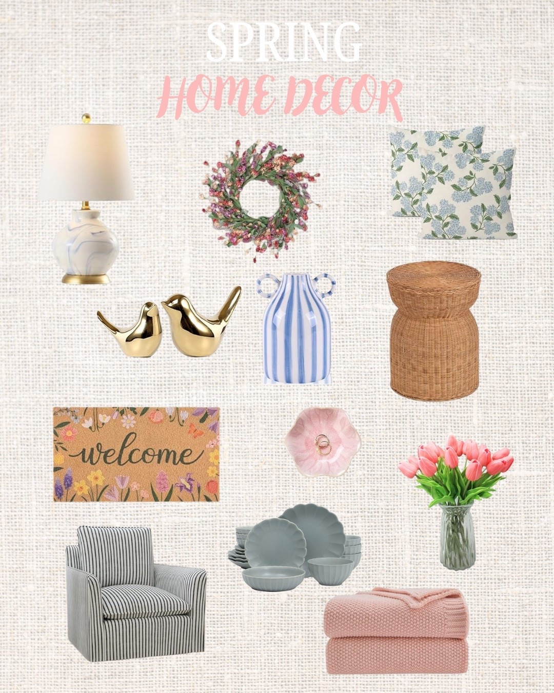 Spring home refresh, but make it simple 🌷

These are the little swaps that instantly make a space feel “spring”: a soft floral pillow, a light blue striped vase, woven texture (that stool is so good), and a few gold accents. Add tulips + a wreath + a cute welcome mat and it looks like you did so much… without actually doing much.

Everything in this collage is linked in my LTK 🤍

#ltkhome #springdecor #springhomedecor #homedecorfinds #ltkseasonal #amazonhome #springrefresh