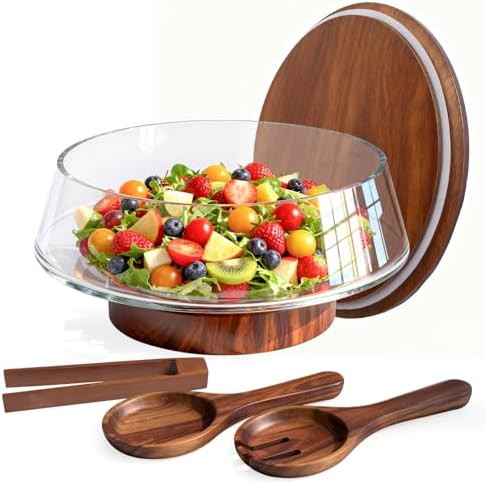 Extra Large Glass Salad Bowl with Lid Set, 5-Qt (160 fl oz) Mixing/Serving Bowl with Wood Base & ... | Amazon (US)