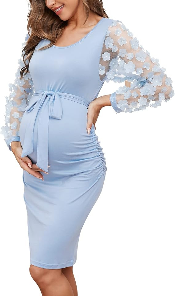 Floral Mesh Bishop Long Sleeve Maternity Midi Dress, Fall Maternity Bodycon Dress for Baby Shower | Amazon (US)
