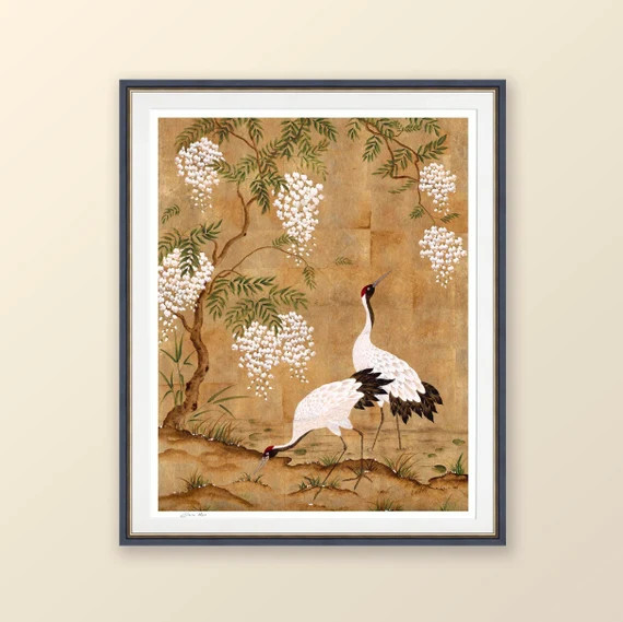 Japanese crane and wisteria painting - Japanese art - Gold leaf painting - Wall art - Home decor ... | Etsy (US)