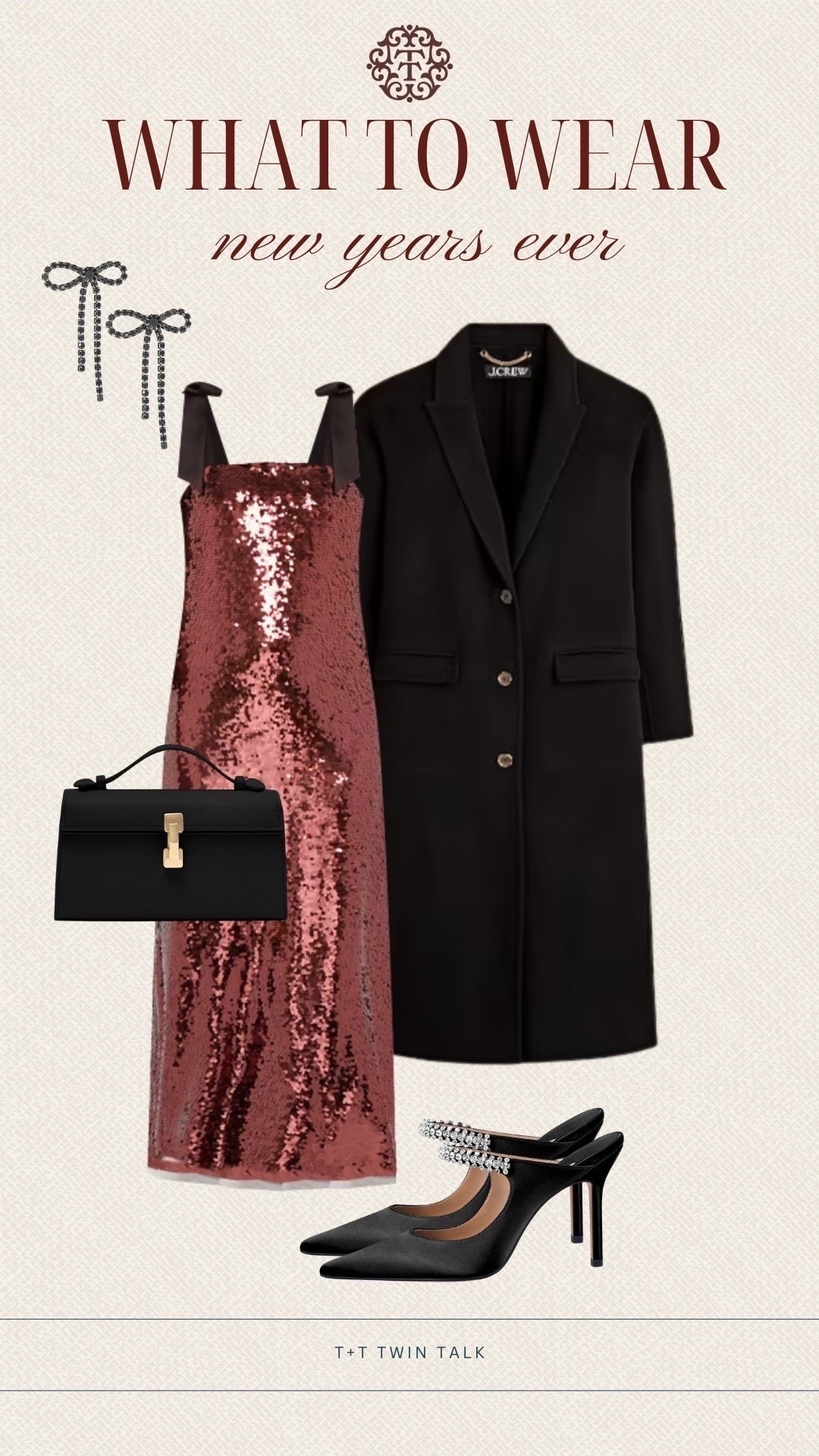 T+T, what to wear to a New Year’s Eve event! We love this sparkly dress from Tuckernuck! We paired it with bow shaped earrings, black heels, and black purse from Amazon. Layer a J.Crew jacket over top to stay warm and to complete your ensemble. 

#LTKOver40 #LTKSeasonal #LTKHoliday
