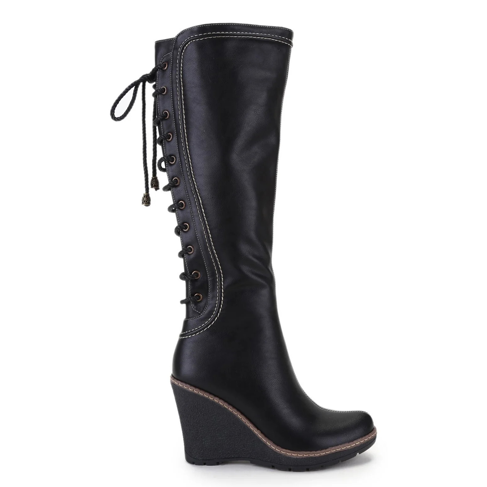 Ferwind Women's Knee-High Boots Wedge Heels Lace up Adult Black Tall Shaft  8 | Walmart (US)