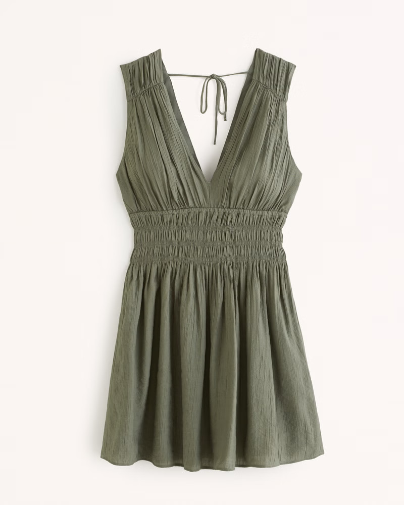 Smocked Plunge Crinkle Mini Dress | Abercrombie & Fitch (US)