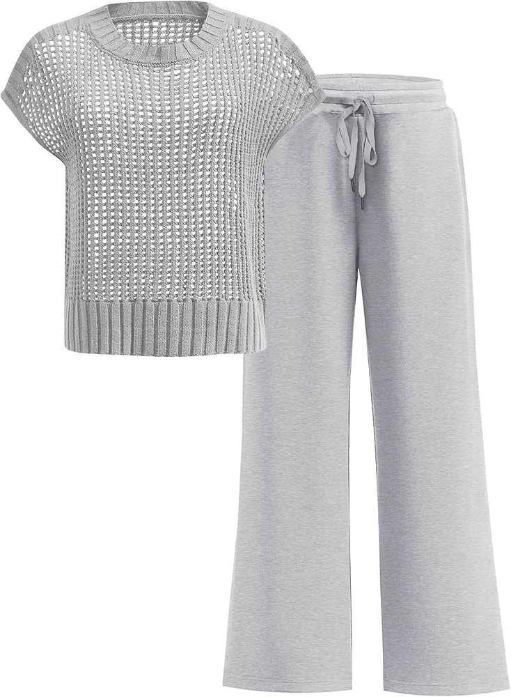 ANRABESS Women Two Piece Outfits Crochet Sheer Knit Sweater Top Wide Leg Pants Lounge Matching Se... | Amazon (US)