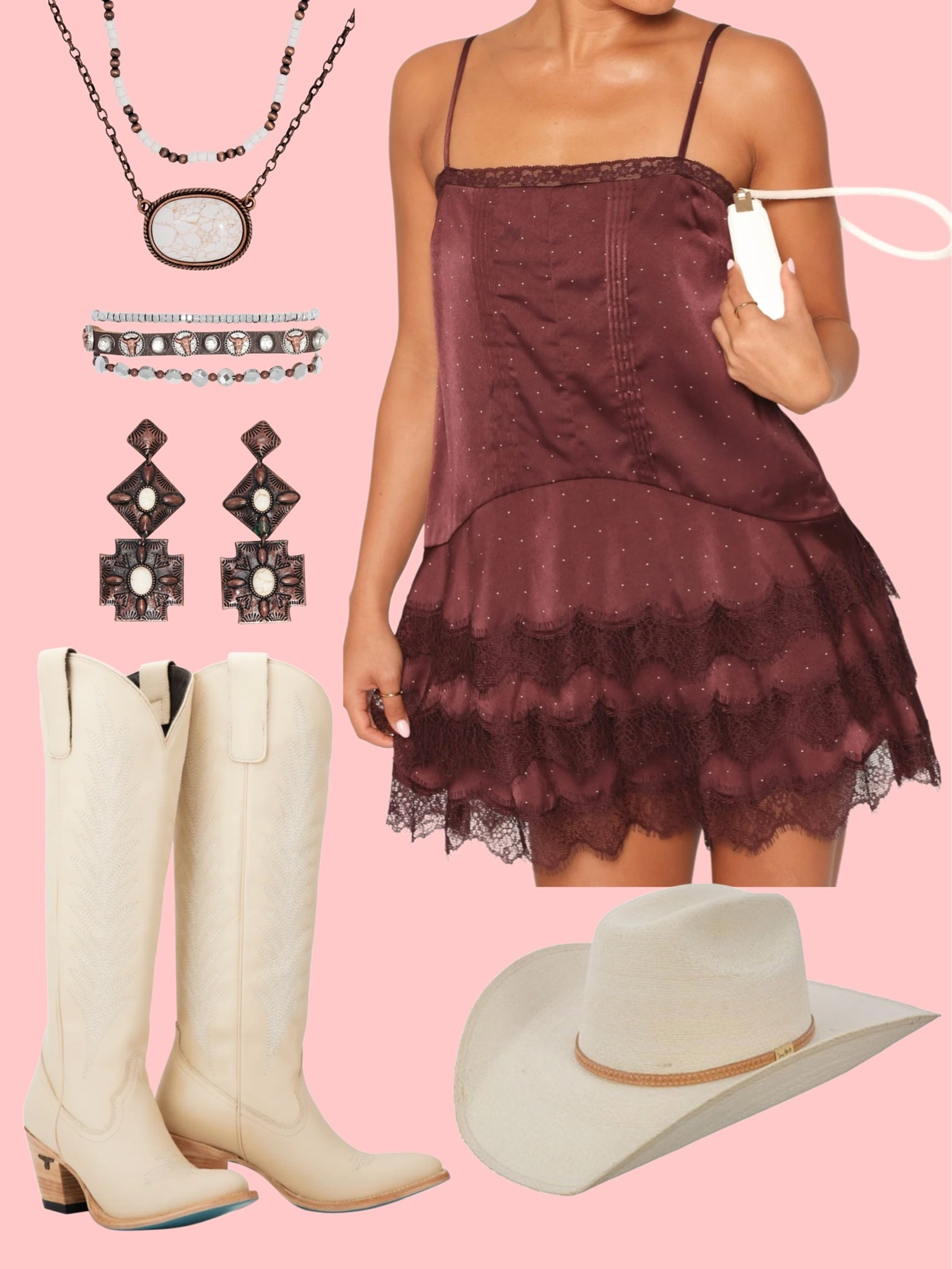 Beautiful burgundy mini dress with small polka dot detail paired with copper jewelry and ivory boots/hat! Love this look so much 🤠

#LTKootd #LTKgrwm #LTKSeasonal