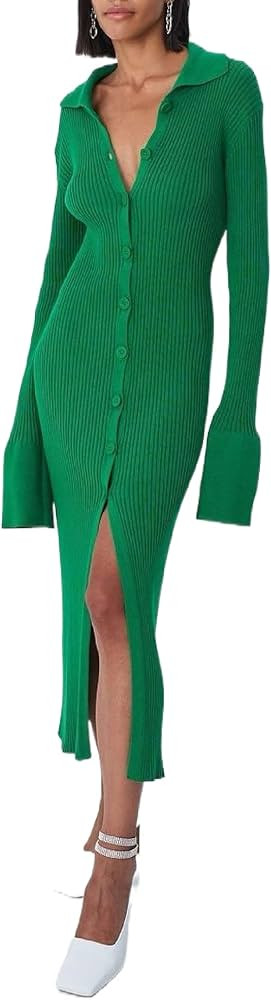 Women Button Down Knit Sweater Long Dress Vintage Long Sleeve V Neck Split Dress Casual Cardigan ... | Amazon (US)