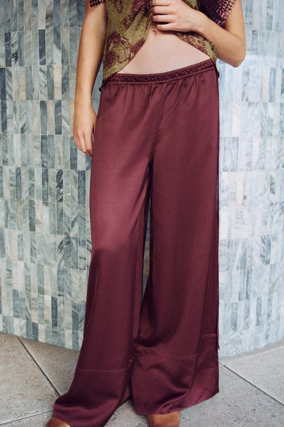 Zara - Double-Waistband Wide-Leg Pants - Wine - S - Woman | Zara US