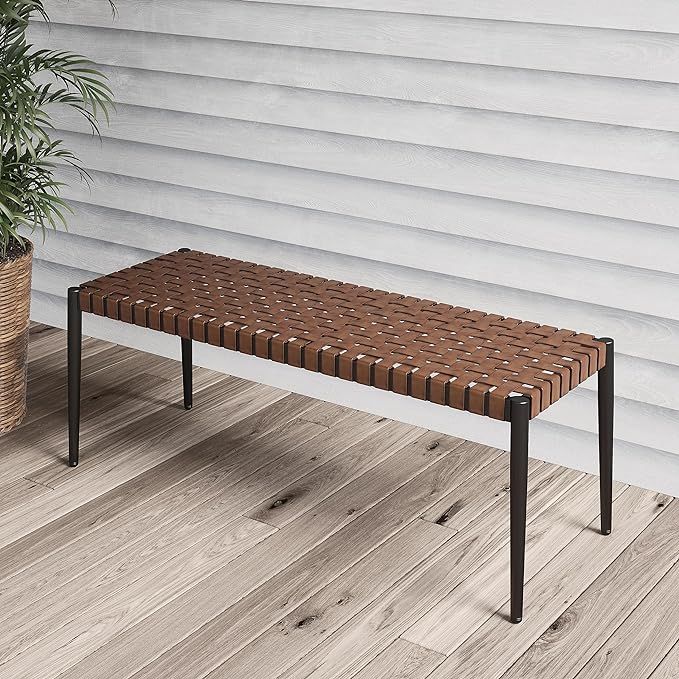 Grand patio Outdoor/Indoor Aksel 2-Seat Bench, Steel Frame Leather-Look Resin Wicker Bench with T... | Amazon (US)