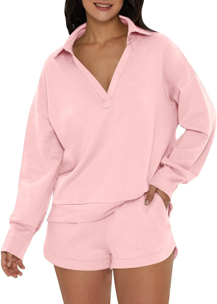 DEEP SELF Women 2 Piece Outfits Sweatshirt Long Sleeve V Neck Collared Pullover Top Shorts Tracks... | Amazon (US)