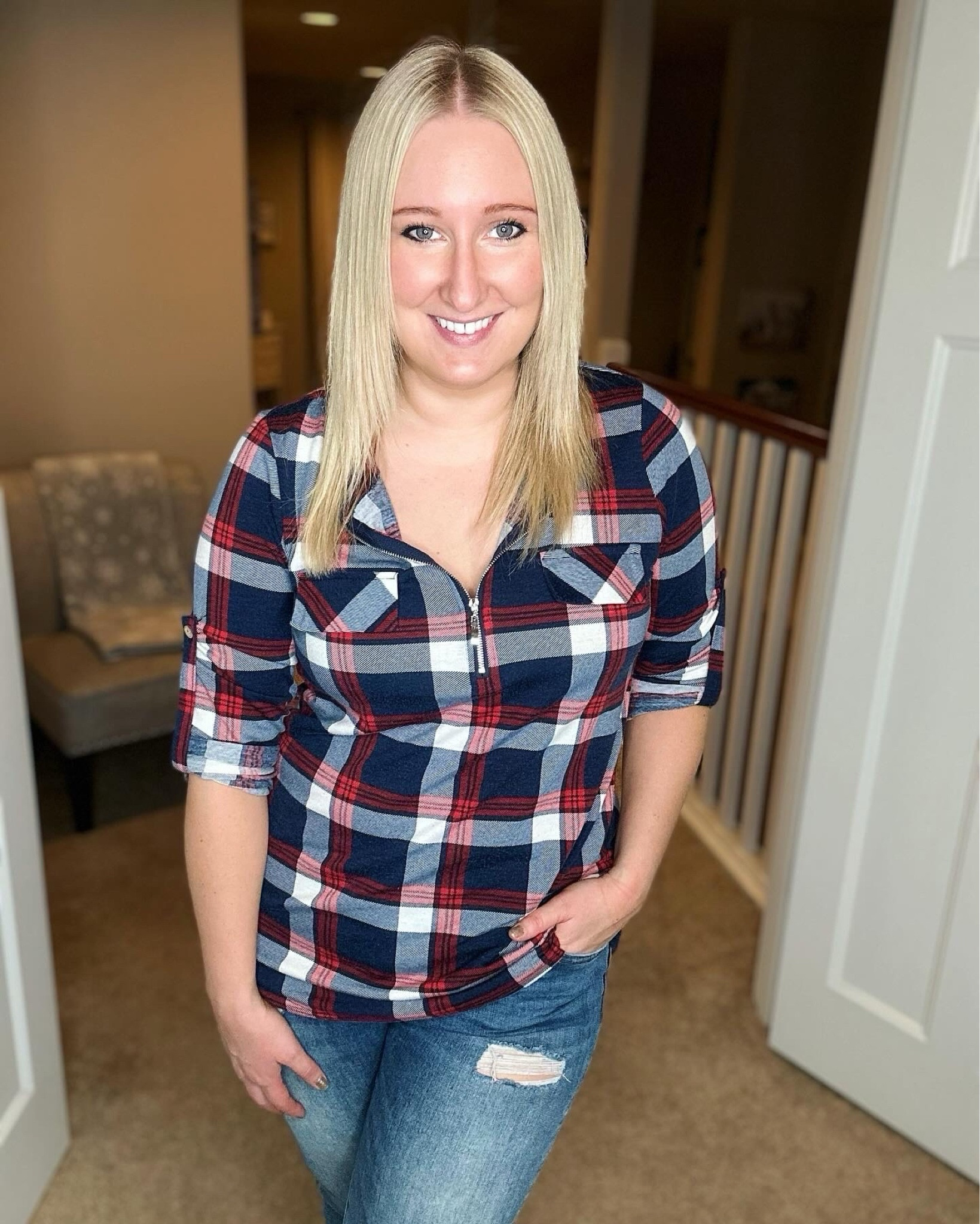 One of my FAVORITE plaid shirts! I love this one! It has a zipper v-neck and sleeves that roll up and button. The fabric is soft and comfortable and the length is perfect! It's also under $30!

#LTKfindsunder50 #LTKstyletip #LTKSeasonal