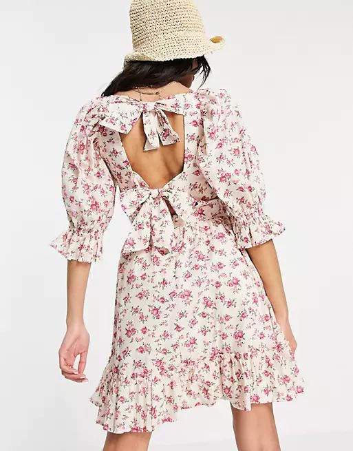 New Look tie back shirred smock dress in white floral | ASOS (Global)