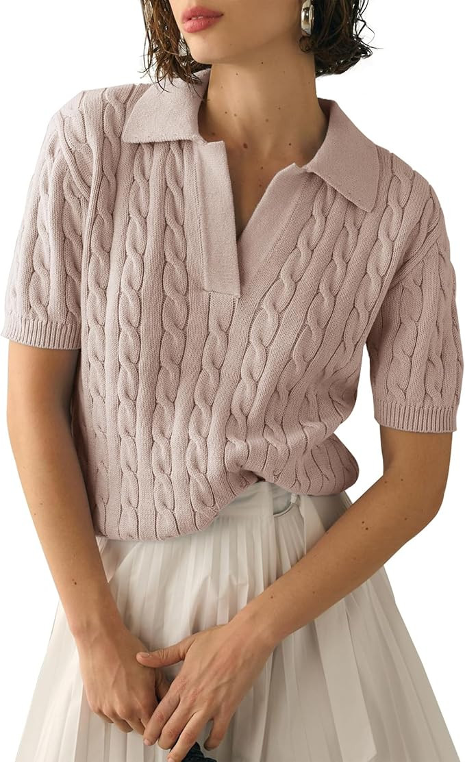 Imily Bela Women's Cable Short Sleeve Sweaters Tops Solid Lapel V Neck Knit Casual Soft Pullover ... | Amazon (US)