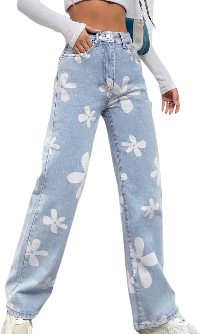 Floerns Women's Floral Print High Waist Straight Leg Jeans Workout Denim Pants | Amazon (US)