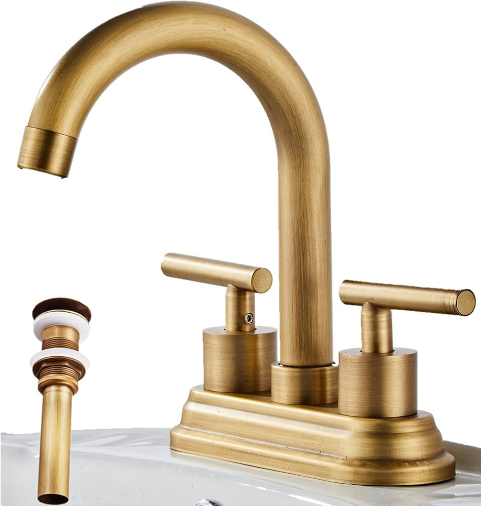 HIHIA Antique Brass Bathroom Faucet 2 Handle Centerset, with Copper Pop Up Drain Without Overflow... | Amazon (US)
