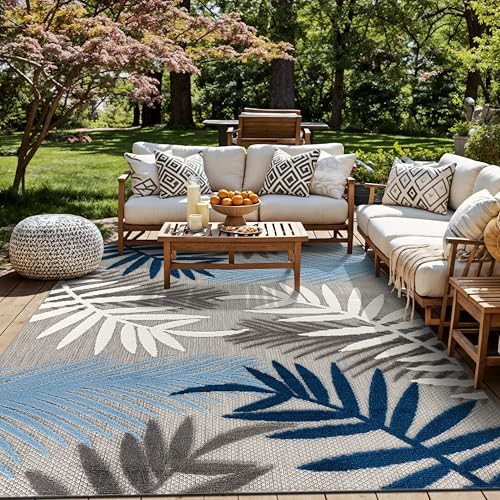 Rugshop Indoor/Outdoor Palm Leaf Area Rug, Non-Shedding Easy-Care Design for Backyard, Deck and Outdoor Lounge, Blue, 7'10" x 10' | Amazon (US)