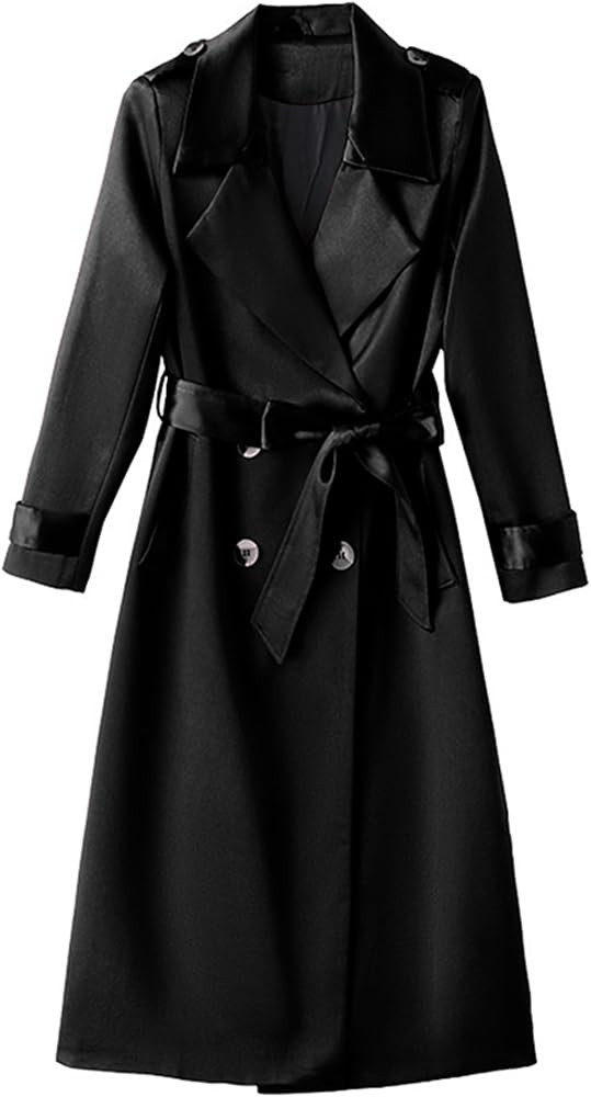 Betusline Women's Satin Trench Coats Double-Breasted Long Coat with Belt | Amazon (US)