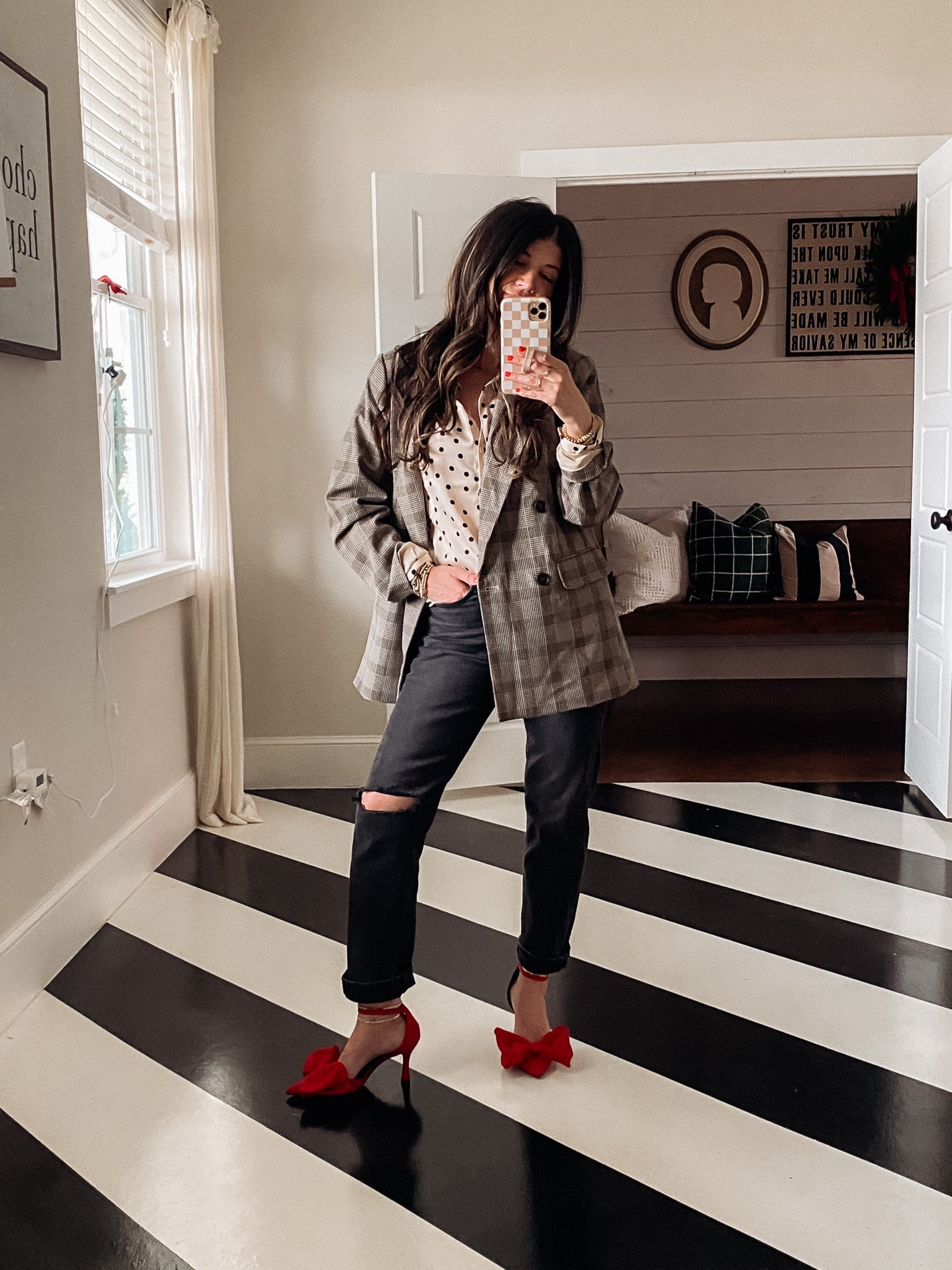 Thanksgiving or Christmas outfit! 
-plaid blazer: XS; oversized
-polka dot silk button down: S: tts
-red bow heels: tts
-black denim: size up in Levis (also linking similar) 
-code smitten on bracelets


#LTKHoliday #LTKCyberWeek #LTKSeasonal
