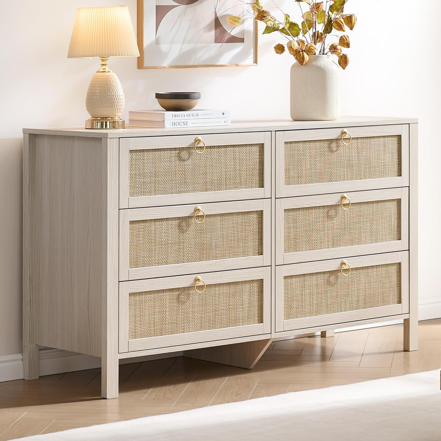 SICOTAS Rattan 6 Drawer Dresser for Bedroom : 51" White Dresser Chest of Drawers Cabinet for Clos... | Amazon (US)