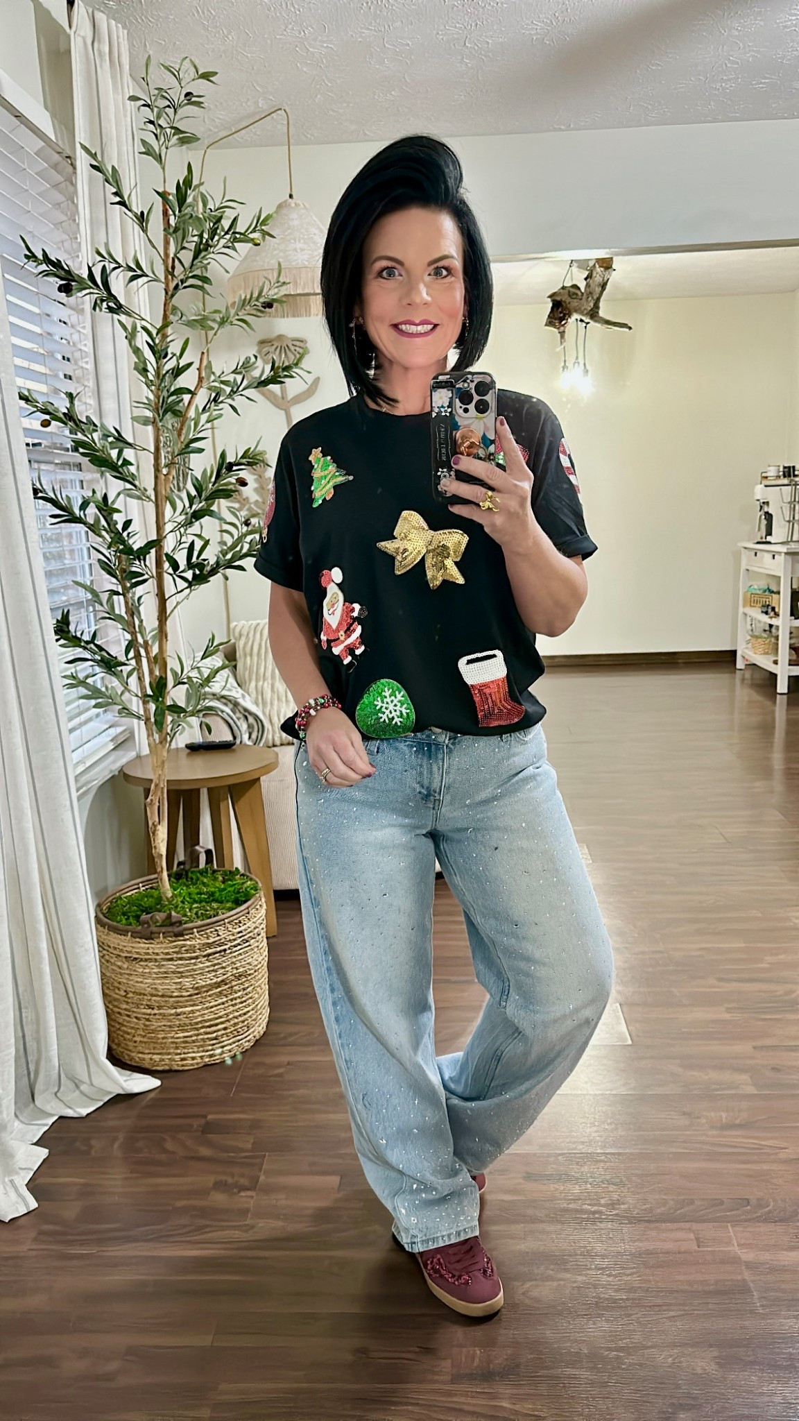 SELINK Womens Summer Short Sleeve Tops Christmas Sequin Christmas Printed T Shirts Casual Basic Graphic Tees
Size Medium I sized up 1 

No Boundaries Embellished Jeans, 30'' Inseam
Size 6 TTS

No Boundaries Sequin Faux Suede Gum Sole Sneakers, Women's

#LTKOver40 #LTKootd #LTKHoliday