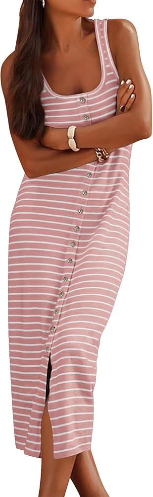 NOLLSOM Women Casual Sleeveless Striped Tank Midi Dresses Spring U Neck Bodycon Dresses T Shirt S... | Amazon (US)