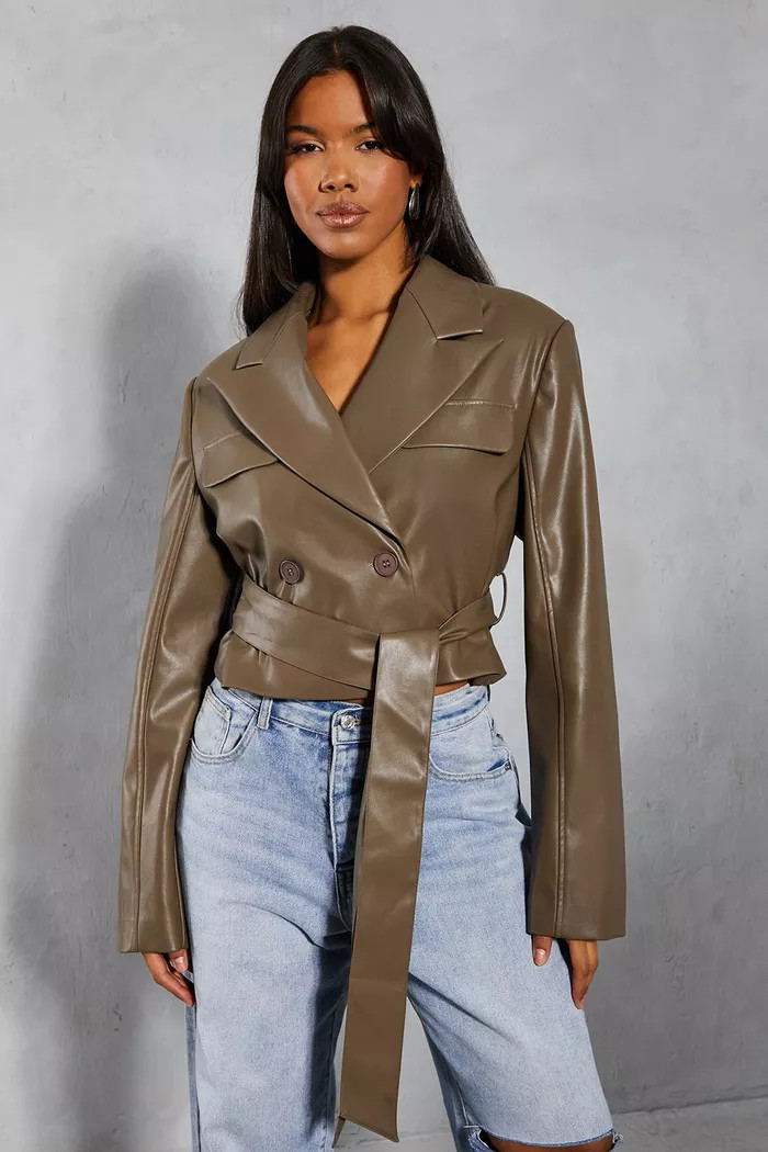 Leather Look Cropped Trench Coat | Boohoo.com (UK & IE)