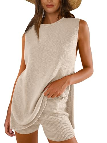 ANRABESS Women Summer 2 Piece Outfits Sleeveless Knit Sweater Top & Shorts Soft Lounge Sets Travel Beach 2024 Clothes Beige X-Large | Amazon (US)