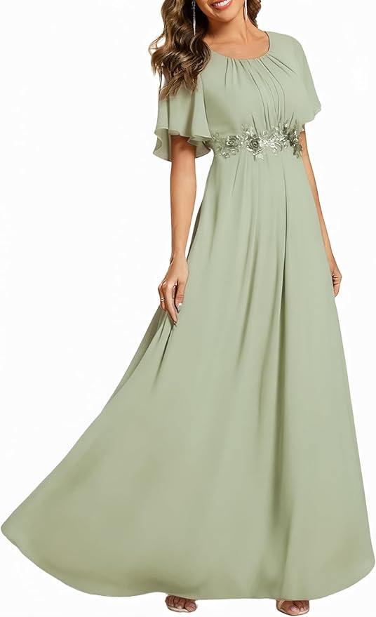 Ever-Pretty Women's Classic Round Neck Pleated Short Sleeves Chiffon Appliques Floor Length A Lin... | Amazon (US)