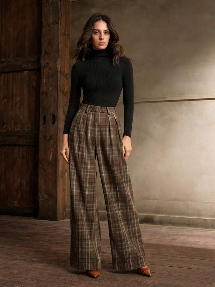 Anewsta High Waisted Straight Leg Plaid Pants For Office Lady, Autumn/Winter | SHEIN