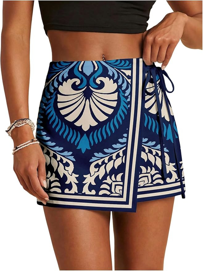 Women's Floral Graphic Skirt Shorts Drawstring Waist Tropical Boho Wrap Skorts | Amazon (US)