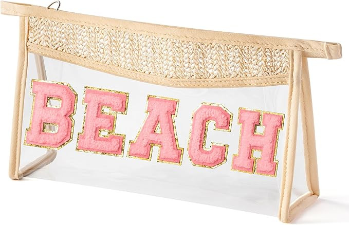 Boho Patch Cosmetic Bag - Valentine's Day BEACH Pink Chenille Varsity Letter Clear Toiletry Bag W... | Amazon (US)