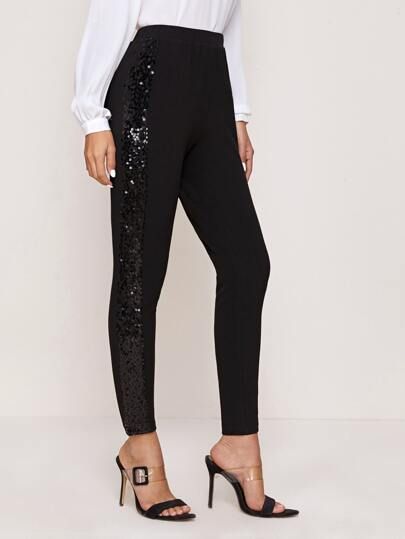 SHEIN Sequin Panel Cropped Skinny Pants | SHEIN