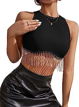 Betrodi Women Rhinestone Tassel Sleeveless Crop Top Crew Neck Diamond Fringe Tank Top Rhine Trim ... | Amazon (UK)