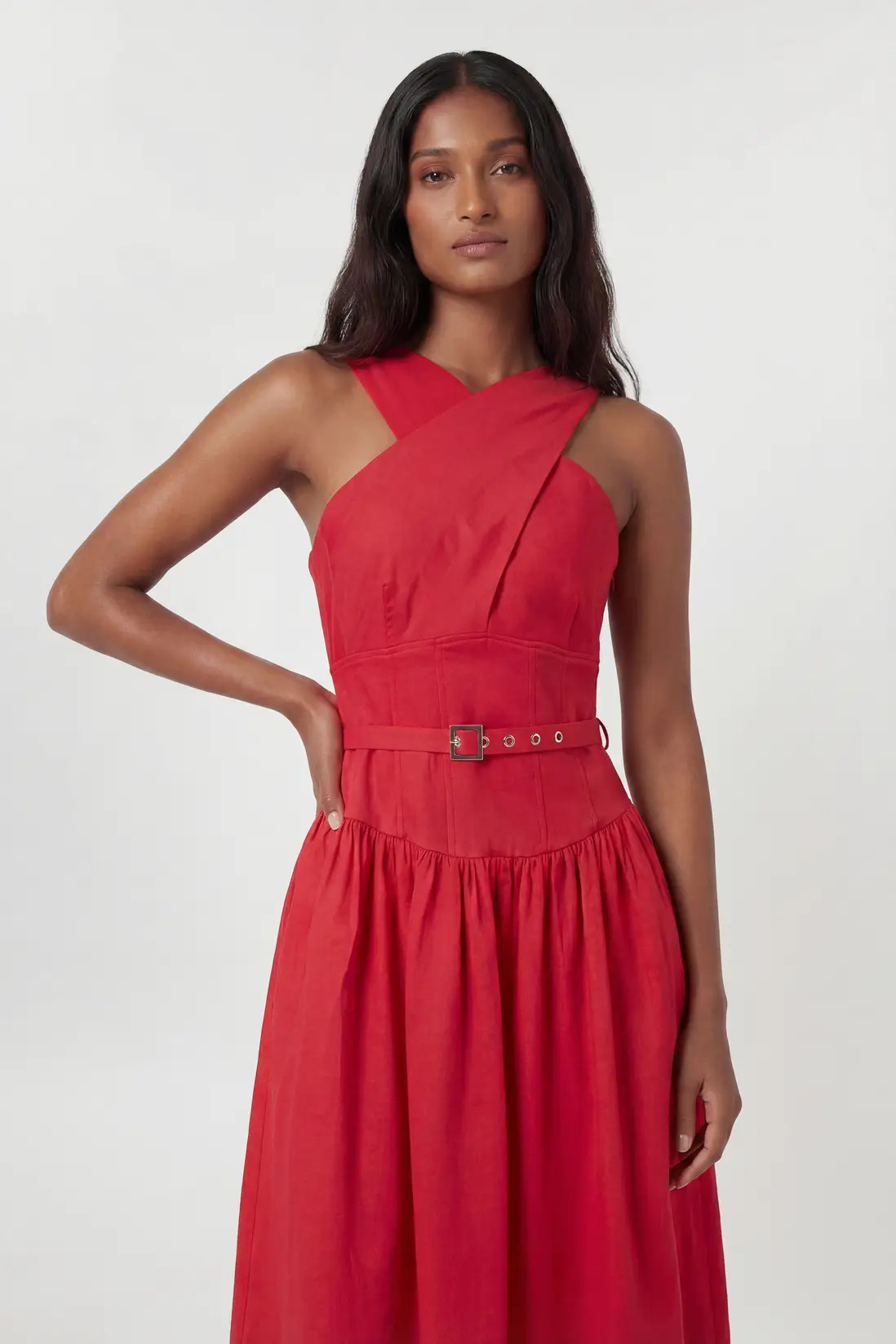 Premium Tailored Linen Halter Neck Belted Full Midi Dress | Karen Millen