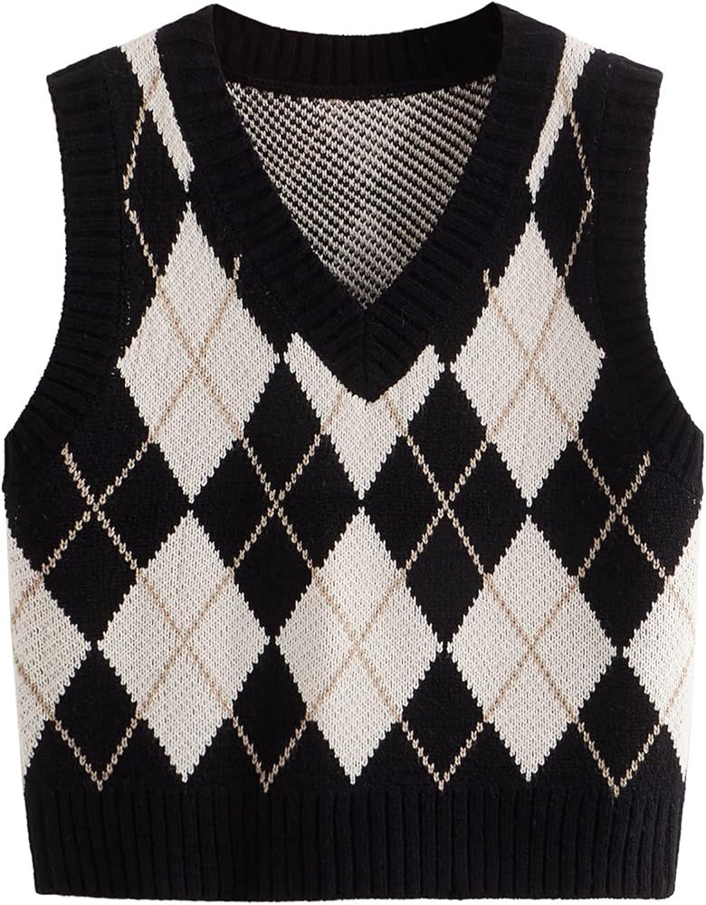 SweatyRocks Women's Plaid Geo Sleeveless V Neck Knit Crop Top Sweater Vest | Amazon (US)