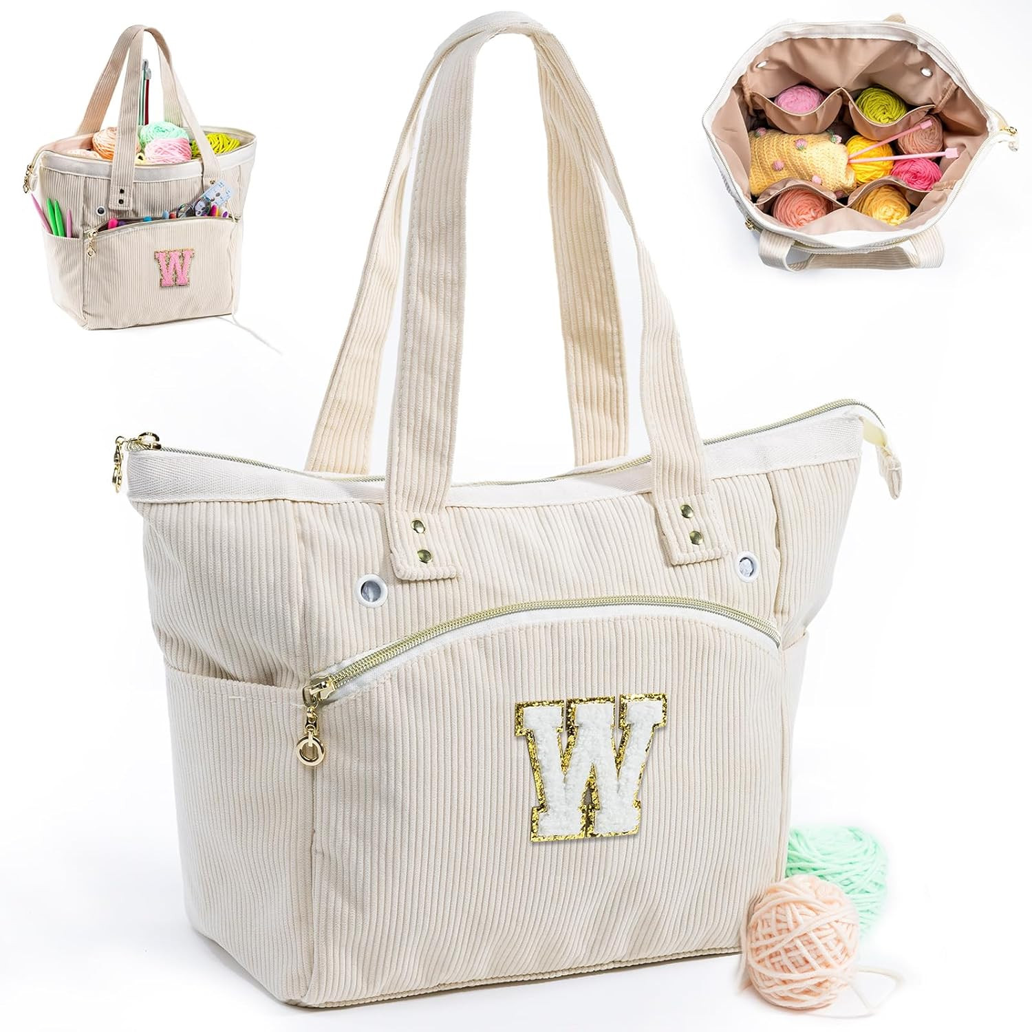 Initial Personalized Crochet Bag Tote - Corduroy Yarn Bag Storage - Yarn Holder for Crocheting - ... | Amazon (US)