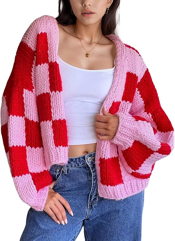 Wyeysyt Checkered Cardigan Sweaters for Women Open Front Long Sleeve Cardigan Cropped Chunky Knit... | Amazon (US)