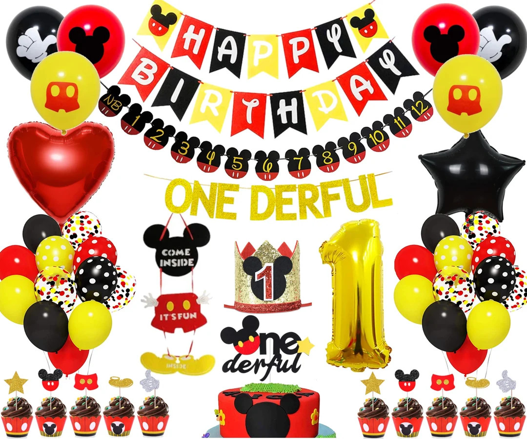 71 Pcs Mickey Theme 1st Birthday Party Supplies Decoration Includes Balloons, Banner, Door Sign, ... | Etsy (US)